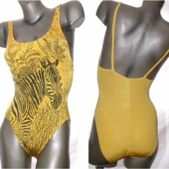 Vintage ZEBRA Swimsuit Lined Jungle Safari Wild Yellow Black Swim Beach  12 - Picture 5 of 5